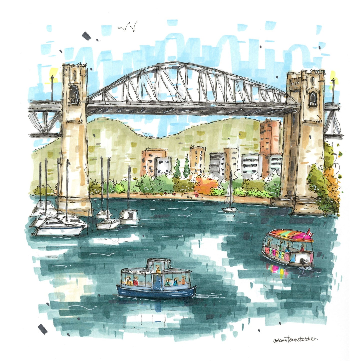 False Creek Ferry & Aquabus, Granville Island, Vancouver, Greeting Card - Downtown Sketcher