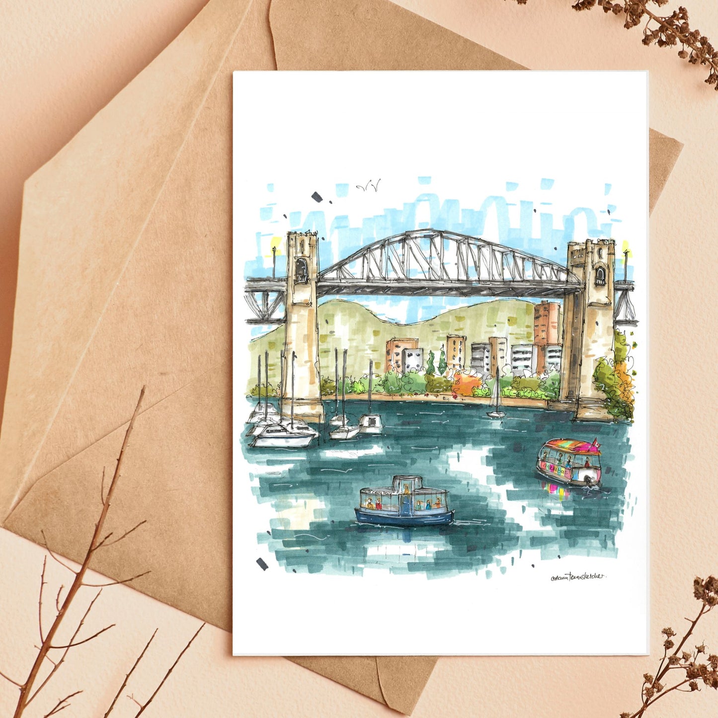 False Creek Ferry & Aquabus, Granville Island, Vancouver, Greeting Card - Downtown Sketcher