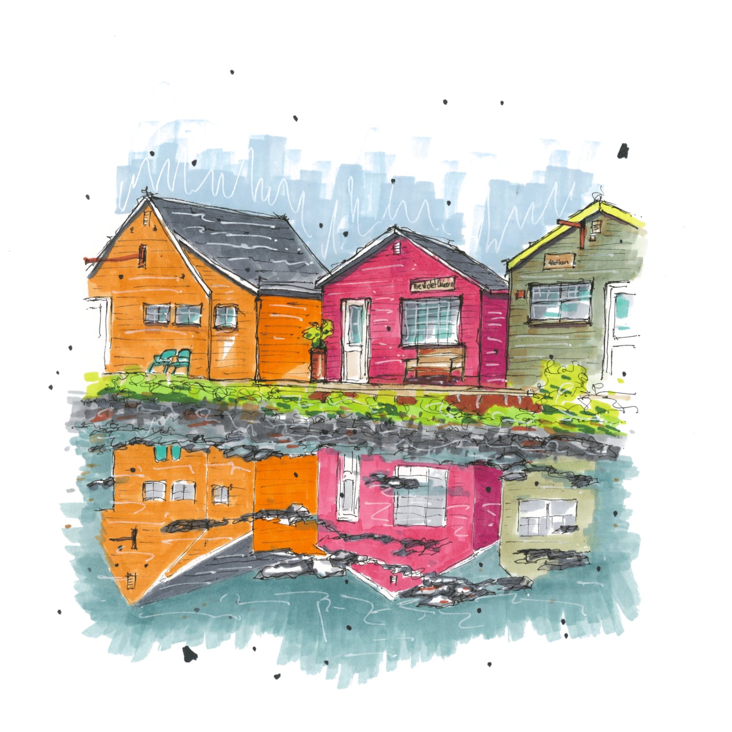 Fisherman's Cove Shop Reflections, Fisherman's Cove, Nova Scotia, Greeting Card, Downtownsketcher, Wynand van Niekerk, DTS0053