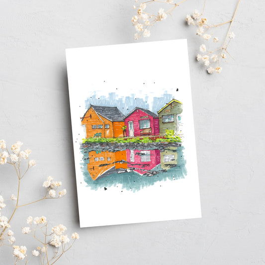 Fisherman's Cove Shop Reflections, Fisherman's Cove, Nova Scotia, Greeting Card, Downtownsketcher, Wynand van Niekerk, DTS0053