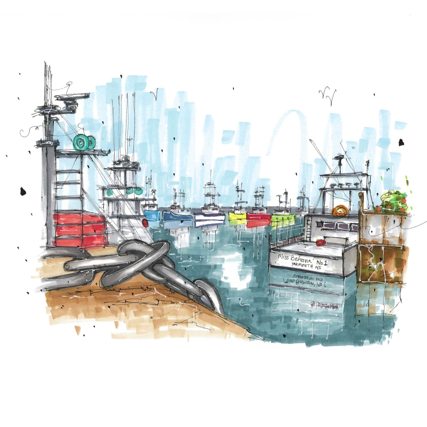 Fishing Harbour & chain anchor, Print, Downtownsketcher, Wynand van Niekerk, DTS0087