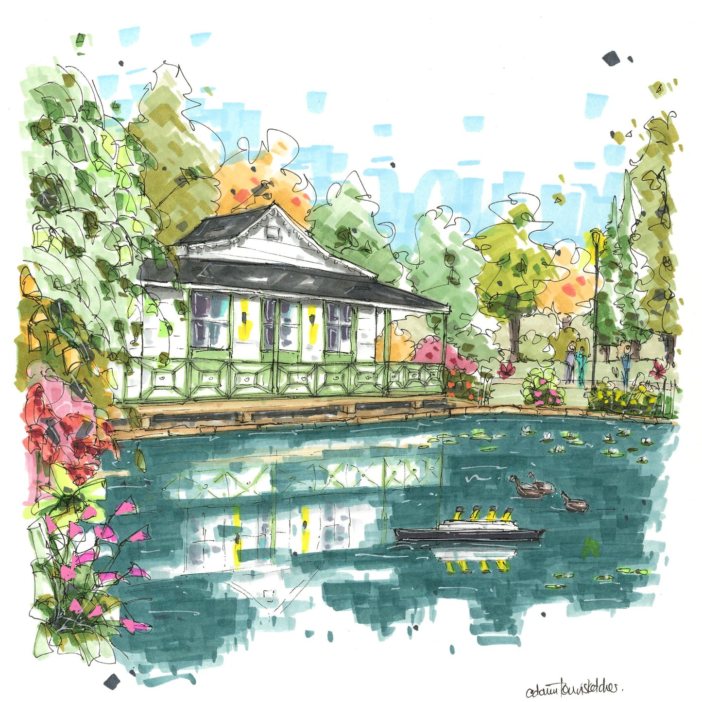 DTS0243 Griffin's Pond and model Titanic, Halifax Public Gardens - Magnet - Downtown Sketcher