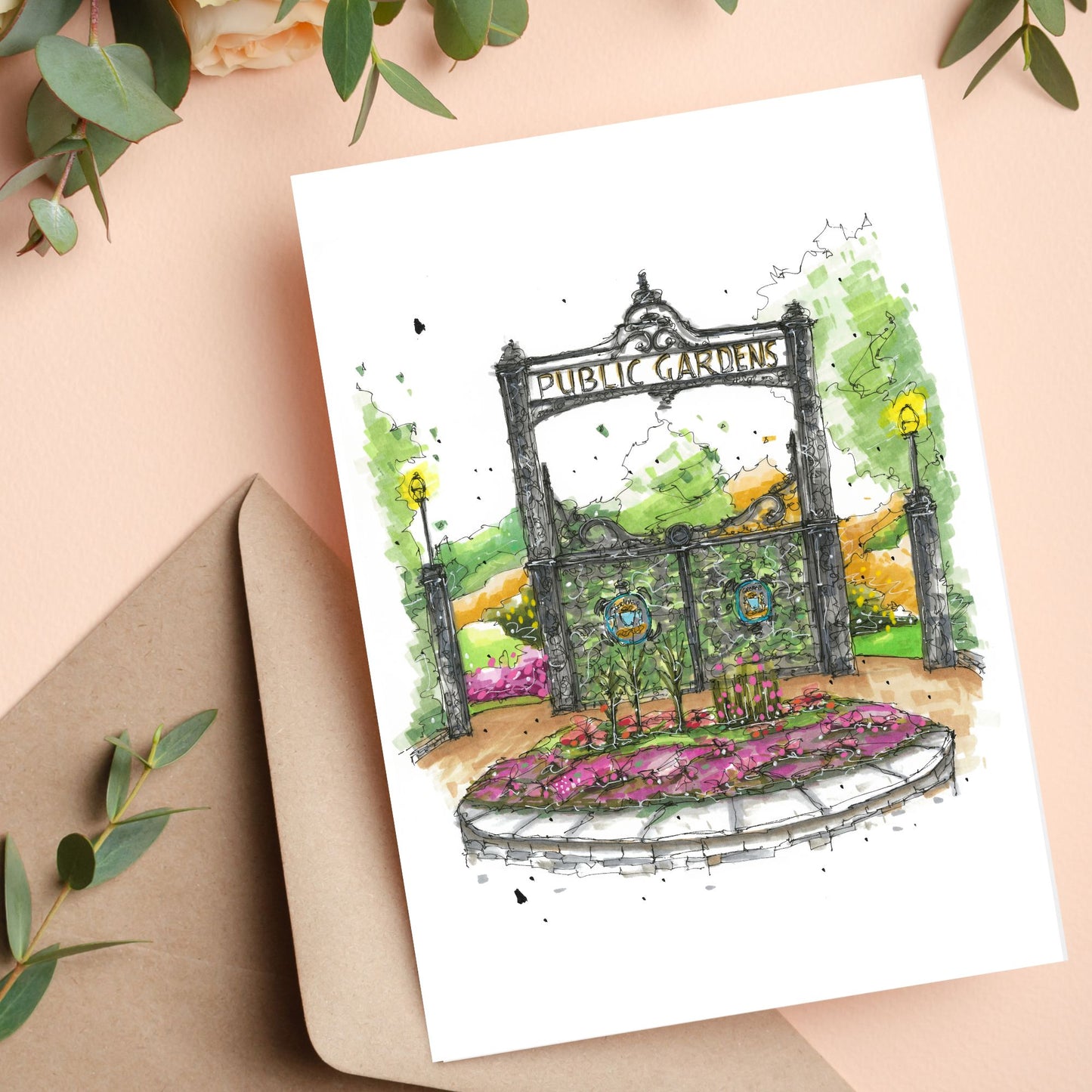 Halifax Public Gardens, Greeting Card, Urban Sketch, Greeting Card with Craft Envelope, Downtown Sketcher, Wynand van Niekerk