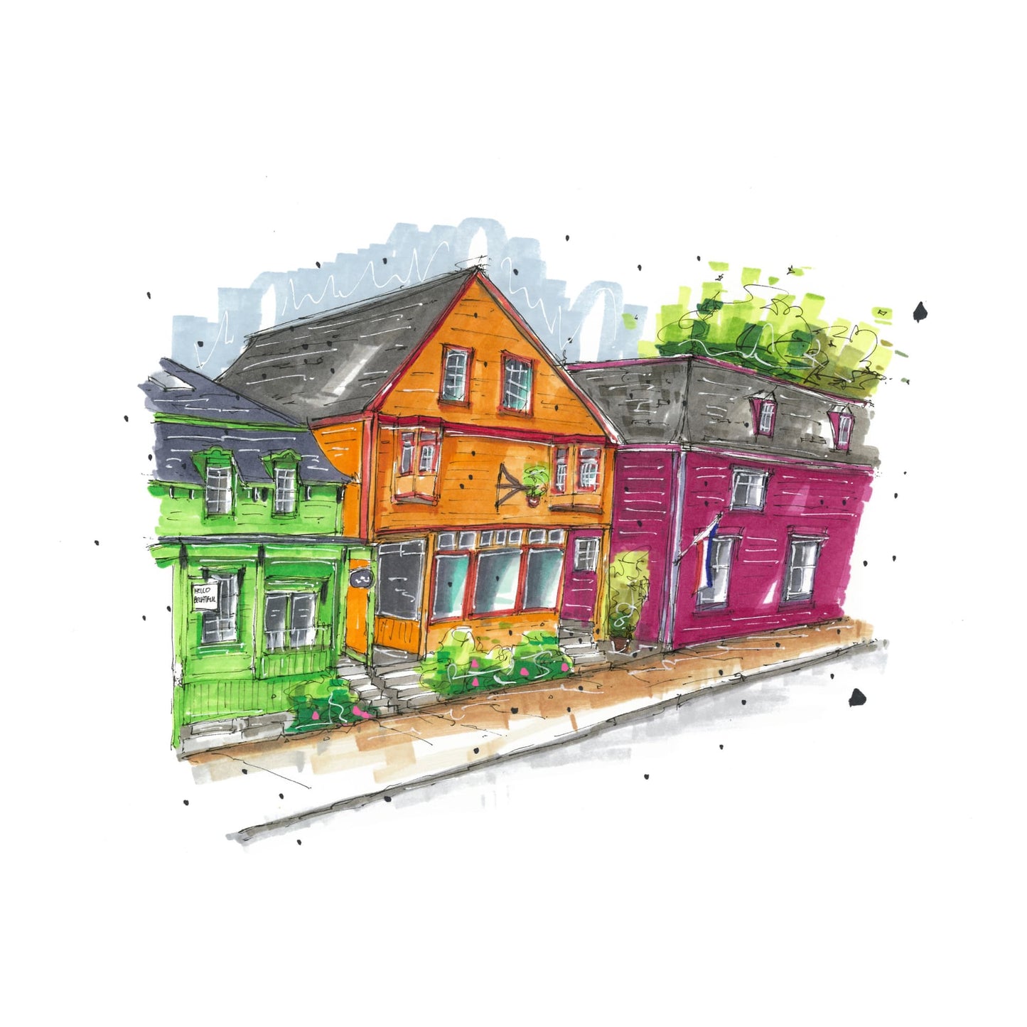 Hello Beautiful, Lunenburg, Nova Scotia, Greeting Card, Downtownsketcher, Wynand van Niekerk, DTS0075