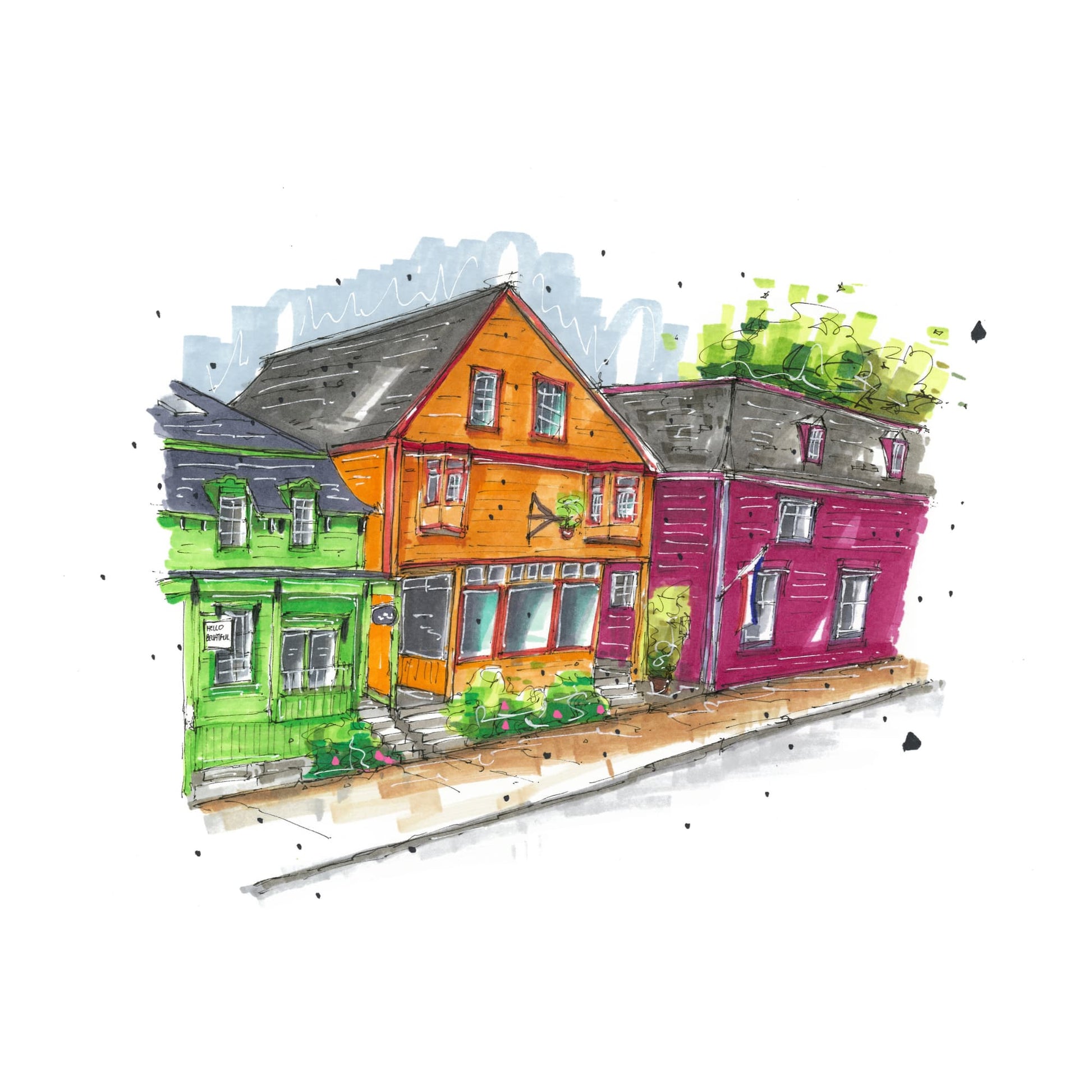 Hello Beautiful, Lunenburg, Nova Scotia, Greeting Card, Downtownsketcher, Wynand van Niekerk, DTS0075
