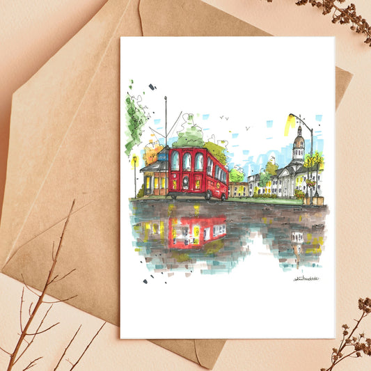 Hop-On Hop-Off Kingston Trolley Tour, Ontario, Greeting Card - Downtown Sketcher