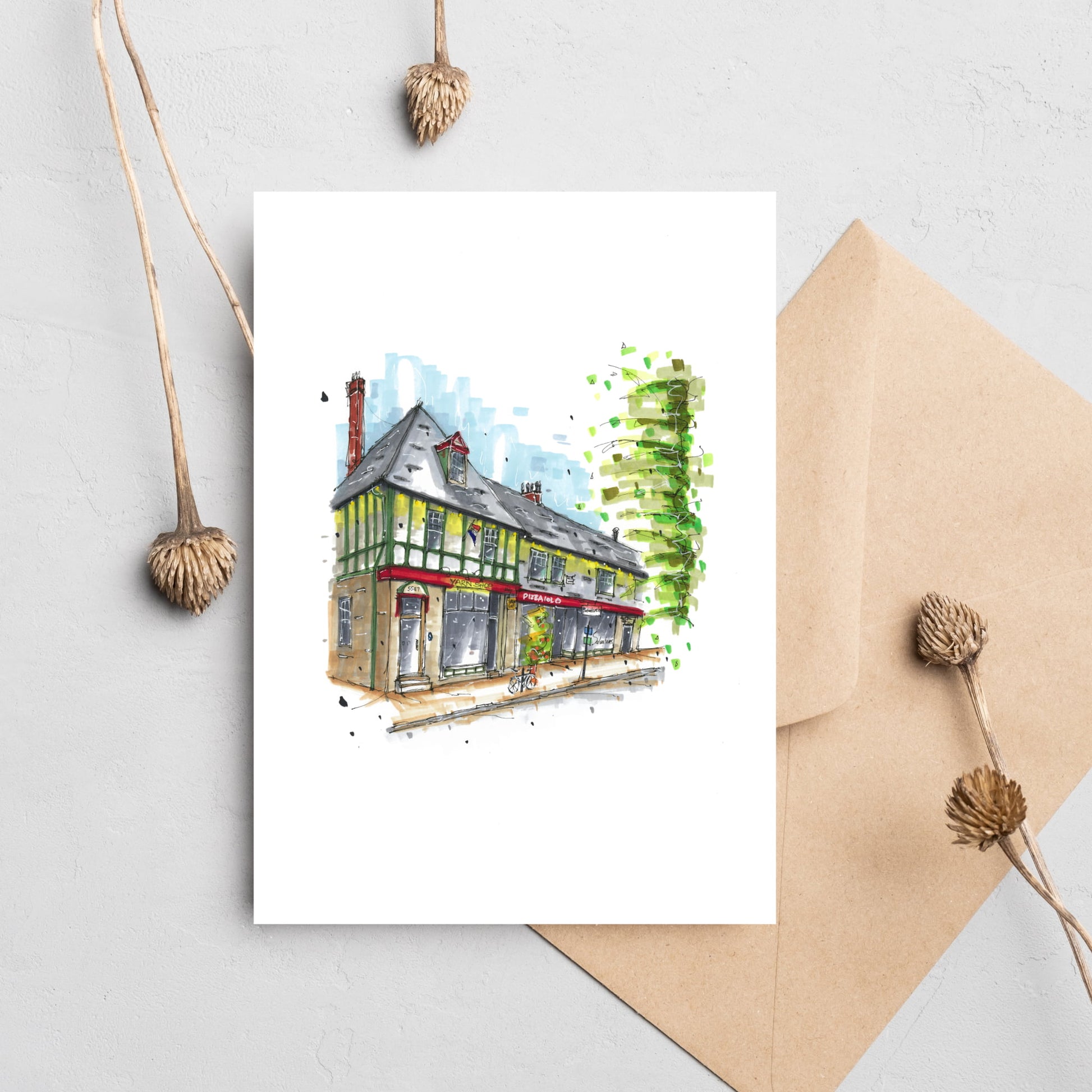 Hydrostone, Halifax, Nova Scotia, Urban Sketch, Greeting Card with Envelope, Downtown Sketcher, Wynand van Niekerk