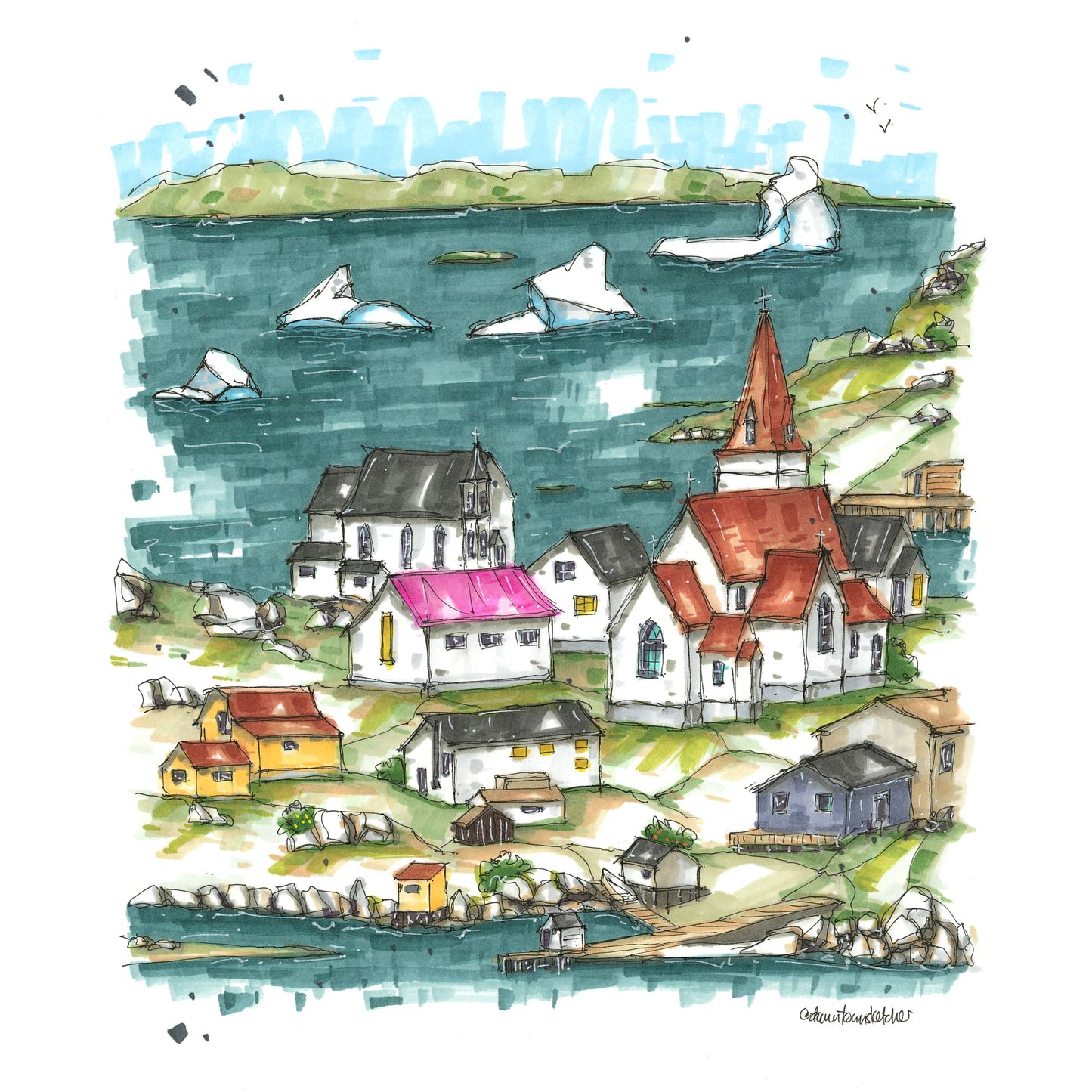 Icebergs at Fogo Island, Newfoundland, Greeting Card - Downtown Sketcher