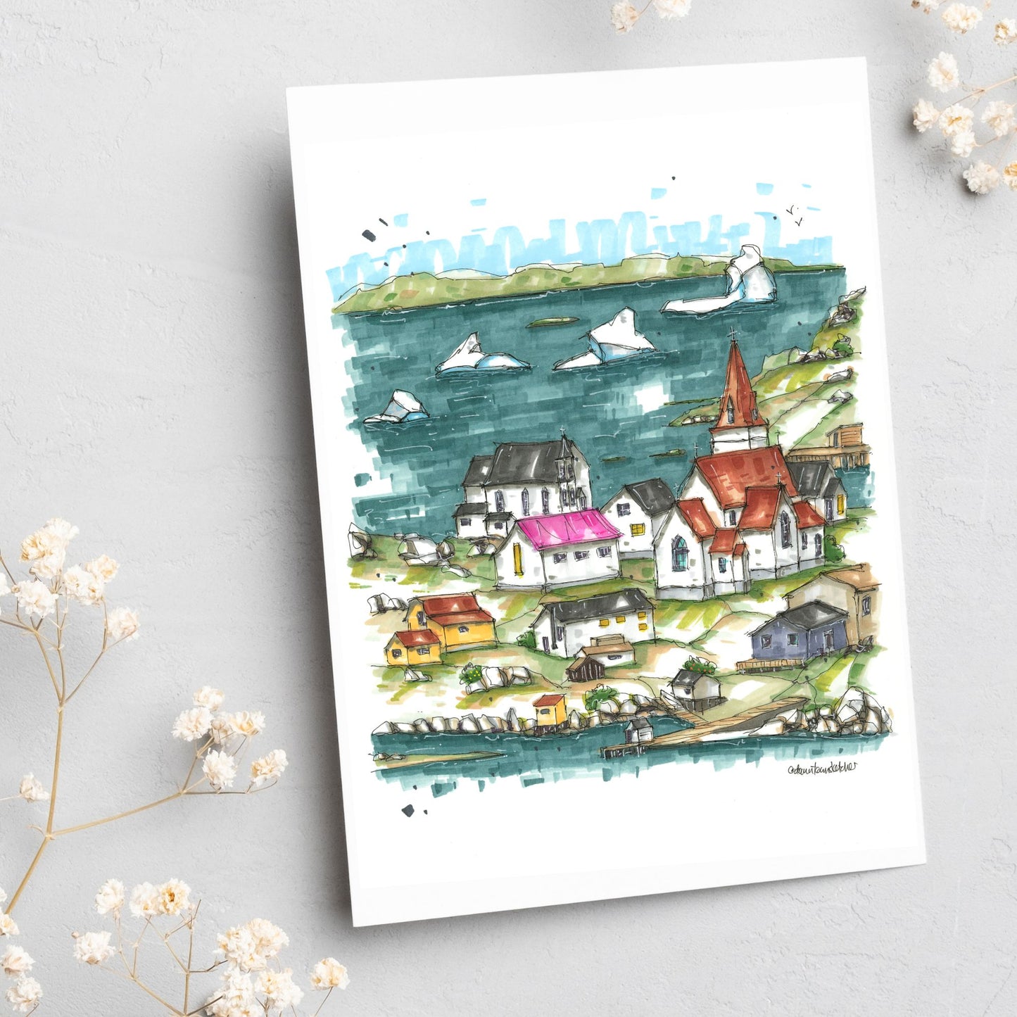 Icebergs at Fogo Island, Newfoundland, Greeting Card - Downtown Sketcher