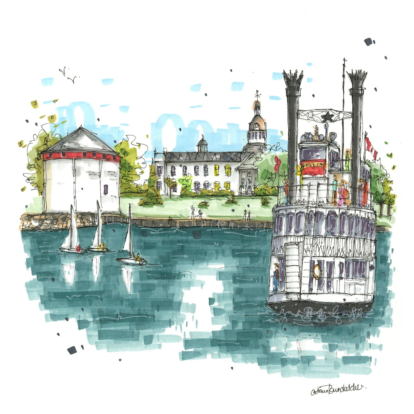 Island Queen 1000 Island Cruises & Shoal Tower, Kingston Ontario, Greeting Card - Downtown Sketcher