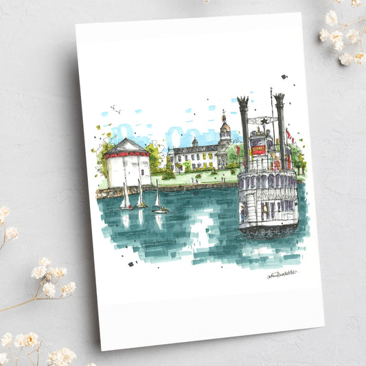 Island Queen 1000 Island Cruises & Shoal Tower, Kingston Ontario, Greeting Card - Downtown Sketcher