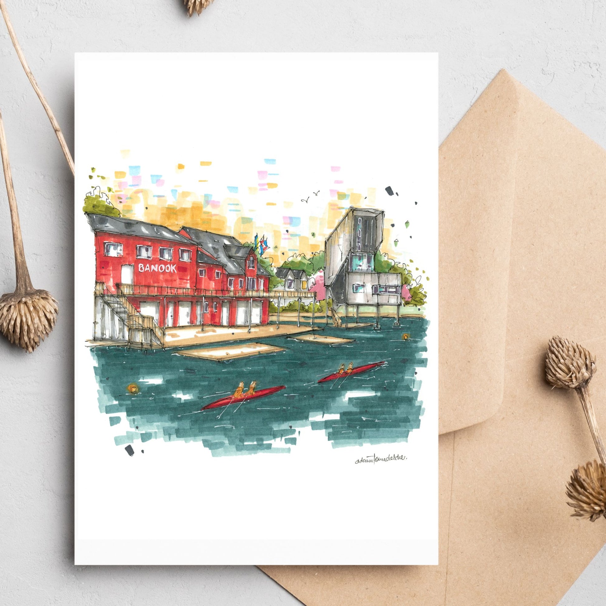 Judges Tower Lake Banook, Dartmouth, Greeting Card - Downtown Sketcher