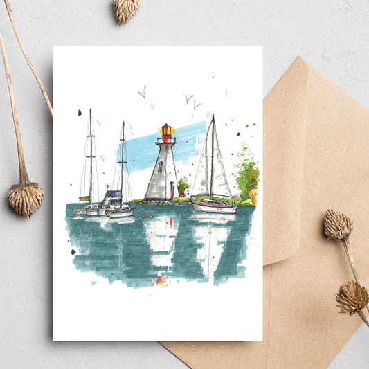 Kidston Lighthouse, Baddeck, Nova Scotia, Greeting Card, Downtown Sketcher, Wynand van Niekerk