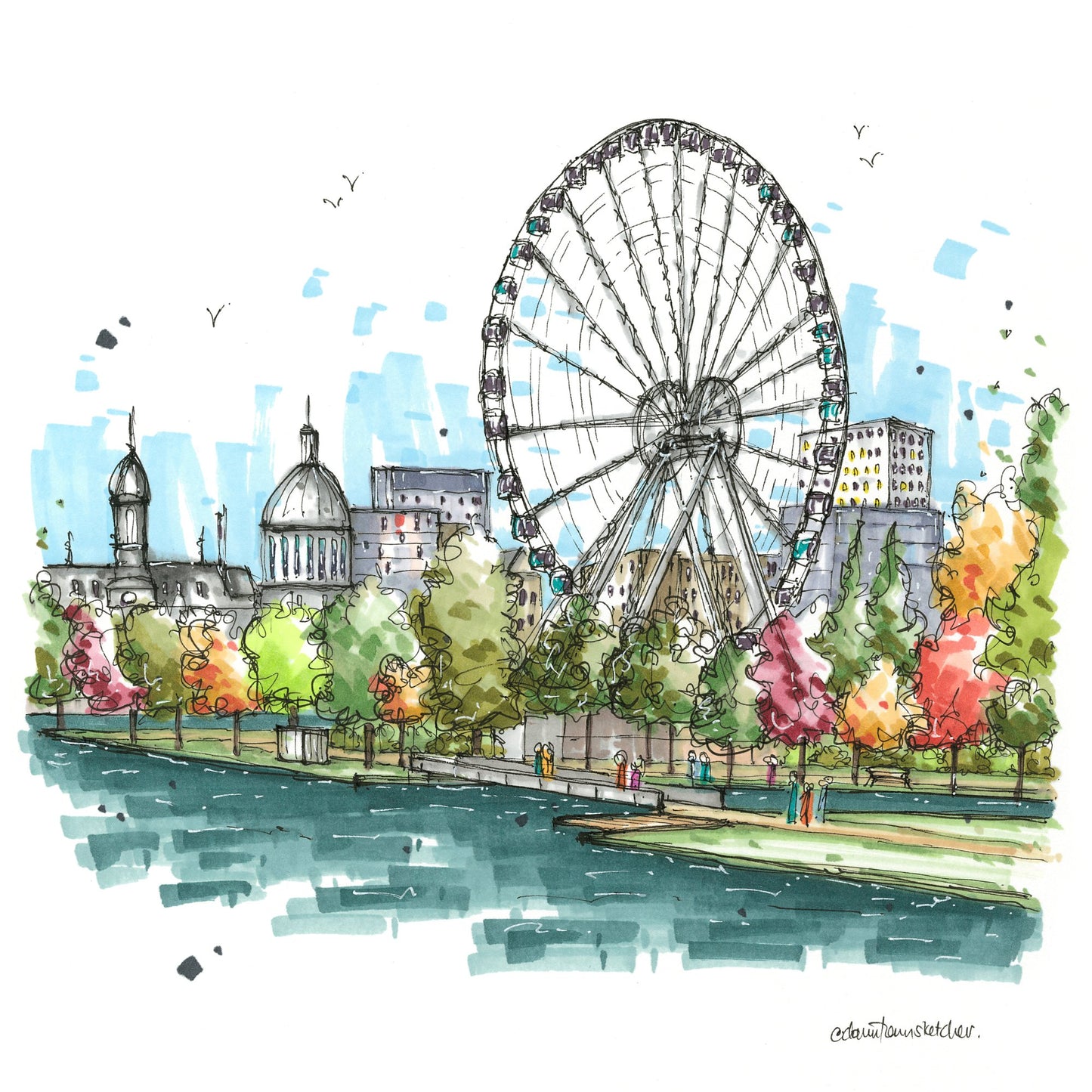 La Grande Roue de Montréal & Marché Bonsecours - Greeting Card - Downtown Sketcher