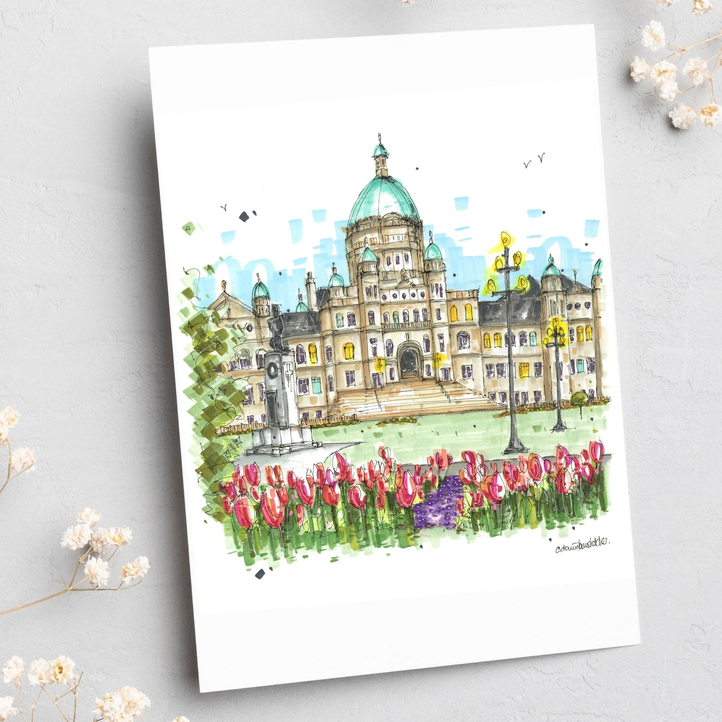 Legislative Assembly of British Columbia Tulips, Victoria, Greeting Card - Downtown Sketcher