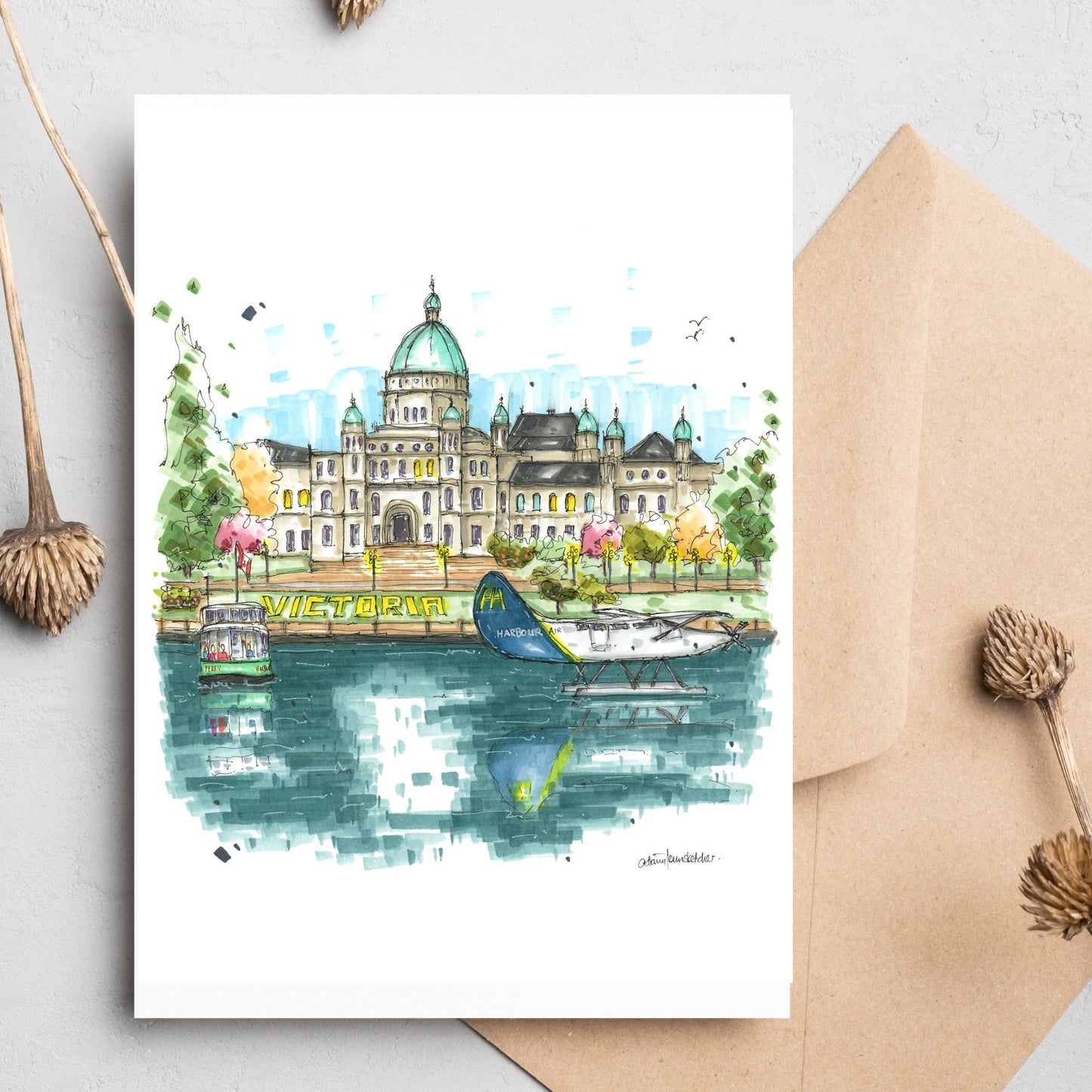 Legislative Assembly of British Columbia Waterfront, Victoria, Greeting Card - Downtown Sketcher
