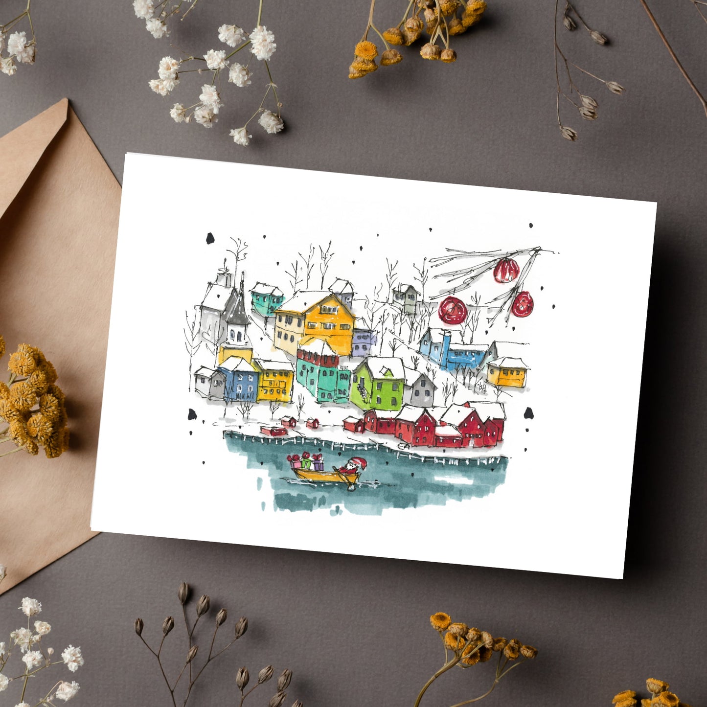 Lunenburg Christmas with Santa in Dory, Lunenburg, Nova Scotia, Christmas Sketch, Christmas Card with Envelope, Downtown Sketcher, Wynand van Niekerk, DTS0089