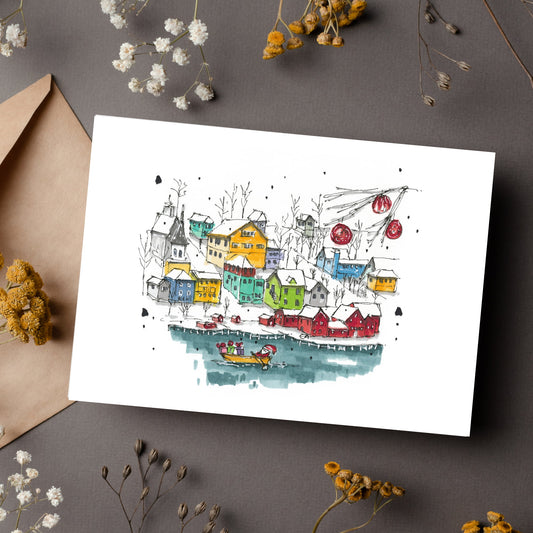 Lunenburg Christmas with Santa in Dory, Lunenburg, Nova Scotia, Christmas Sketch, Christmas Card with Envelope, Downtown Sketcher, Wynand van Niekerk, DTS0089