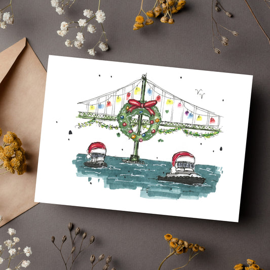 Macdonald Bridge Christmas Hat Tug Boats -  Nova Scotia Greeting Card Downtownsketcher Wynand van Niekerk DTS0078