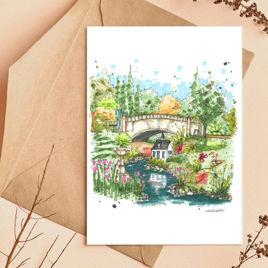 Miniature house, stream and bridge, Halifax Public Gardens, Greeting Card - Downtown Sketcher