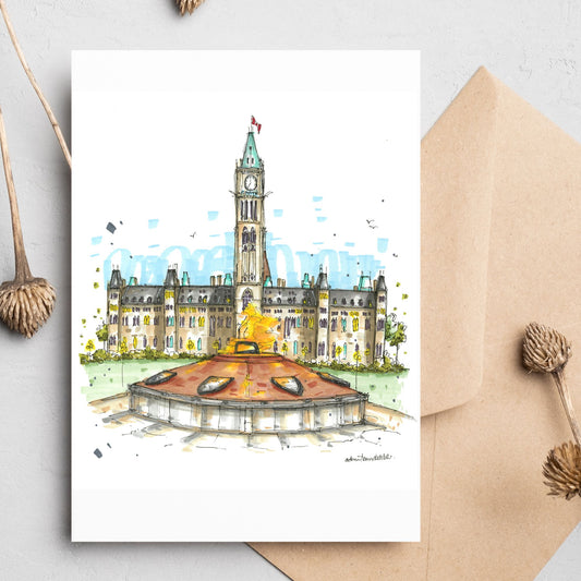 Parliament Hill with Centennial Flame, Ottawa, Greeting Card - Downtown Sketcher