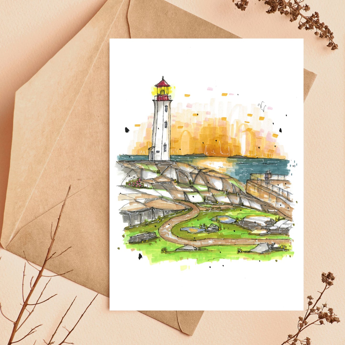 Peggy's Cove Lighthouse Greeting Card, Urban Sketch, Greeting Card with Craft Envelope, Downtown Sketcher, Wynand van Niekerk