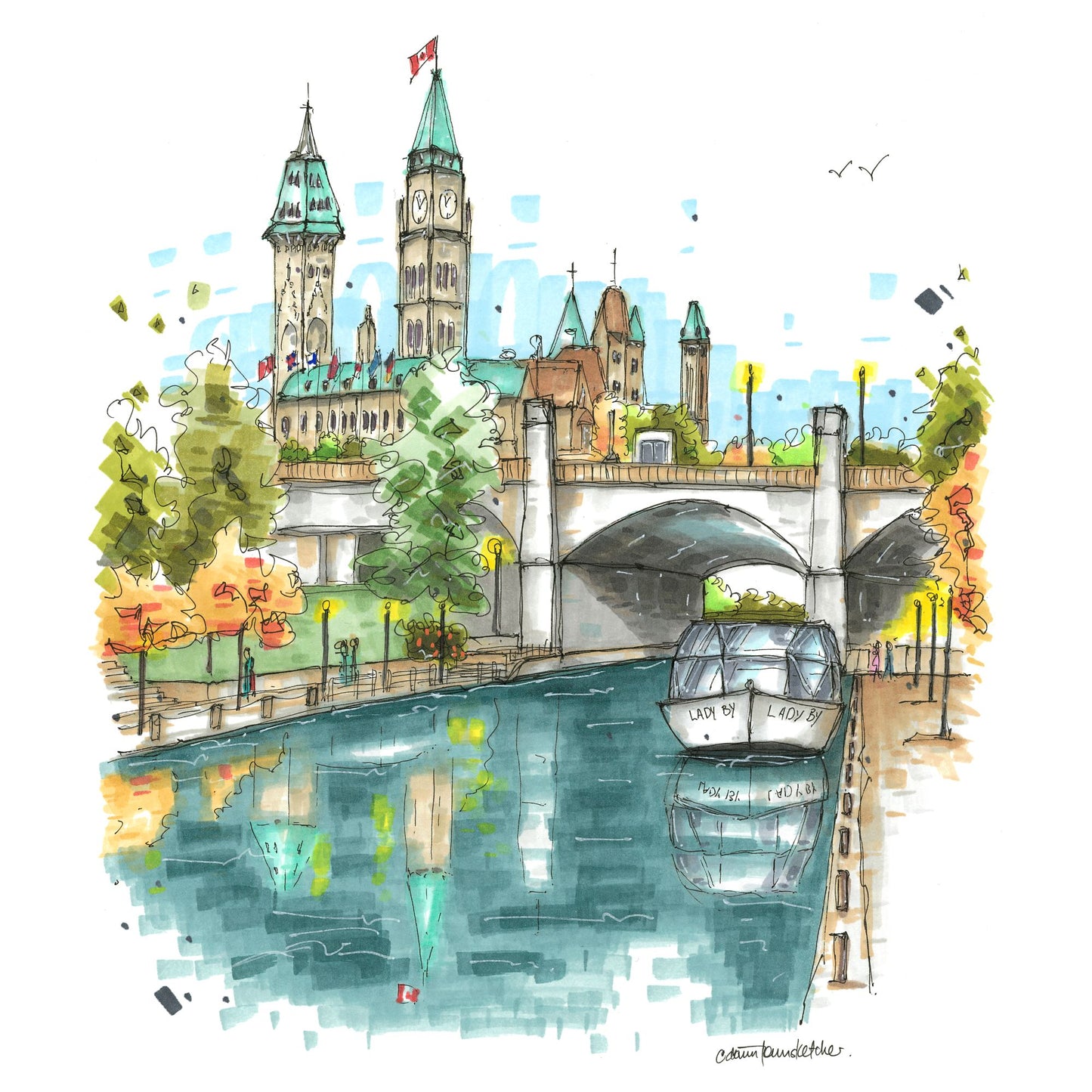 Rideau canal and the Parliament building, Ottawa, Greeting Card - Downtown Sketcher