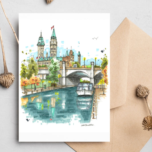 Rideau canal and the Parliament building, Ottawa, Greeting Card - Downtown Sketcher