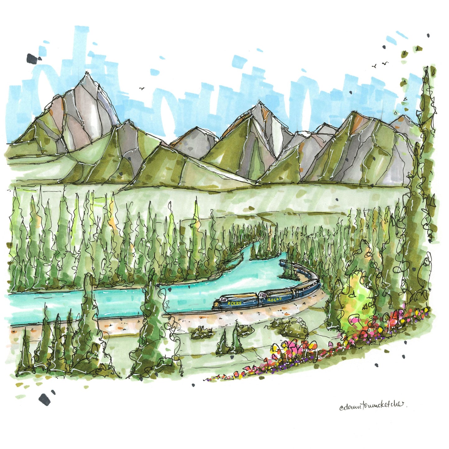 Rocky Mountaineer at Morant's Curve, Banff National Park - Greeting Card - Downtown Sketcher