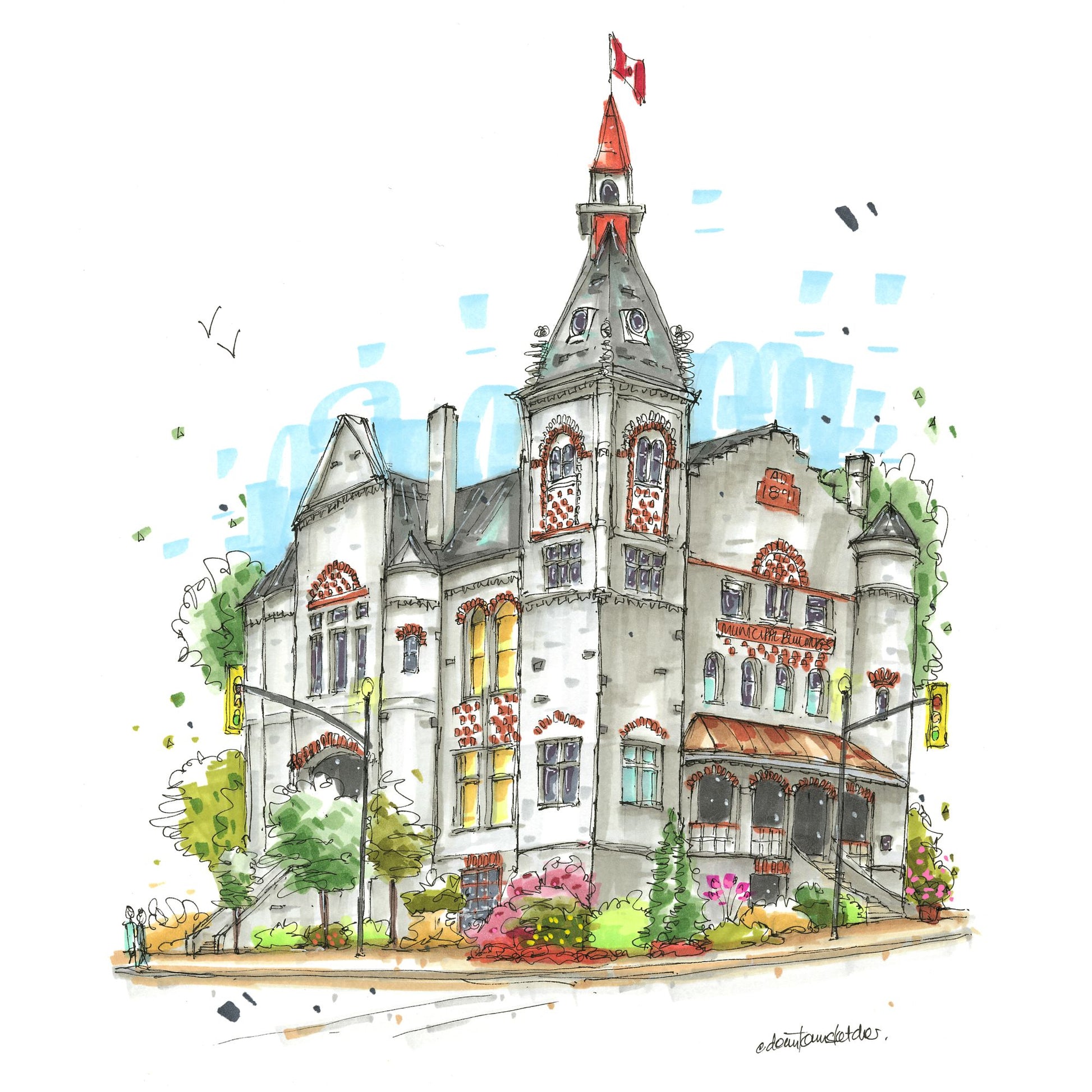St. Marys Town Hall, Ontario, Greeting Card - Downtown Sketcher