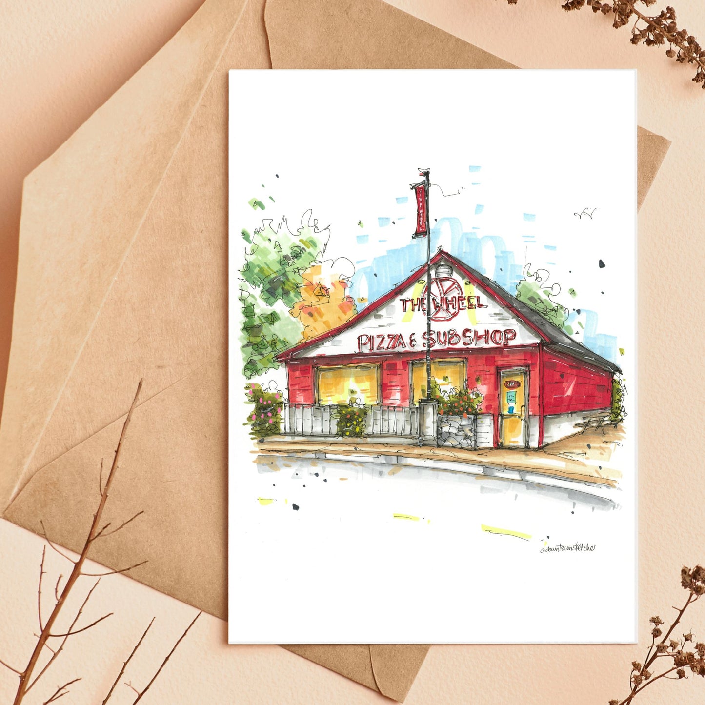 The Wheel Pizza & Sub Shop, Antigonish, Greeting Card - Downtown Sketcher