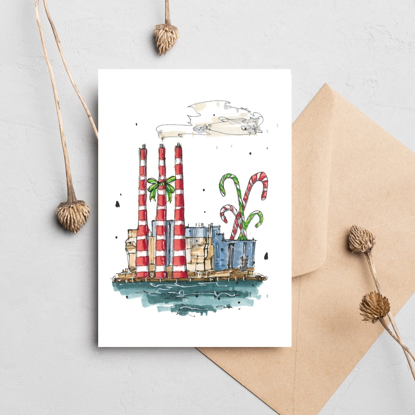 Tufts Cove Candy Canes - Nova Scotia Greeting Card Downtownsketcher Wynand van Niekerk DTS0085