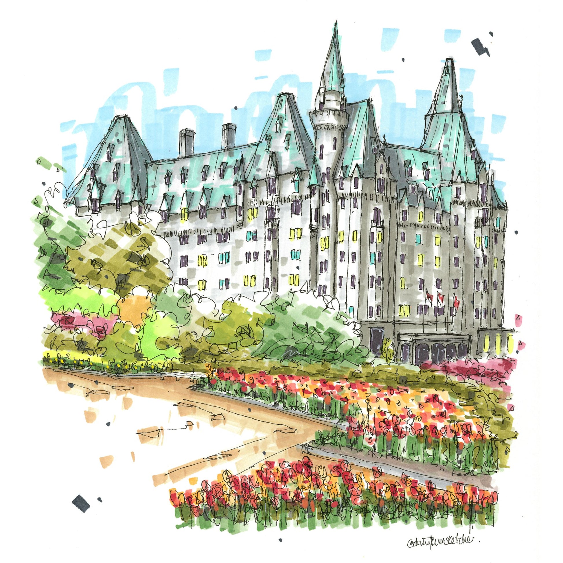 Tulips at Fairmont Château Laurier, Ottawa, Greeting Card - Downtown Sketcher