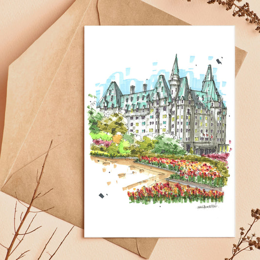 Tulips at Fairmont Château Laurier, Ottawa, Greeting Card - Downtown Sketcher