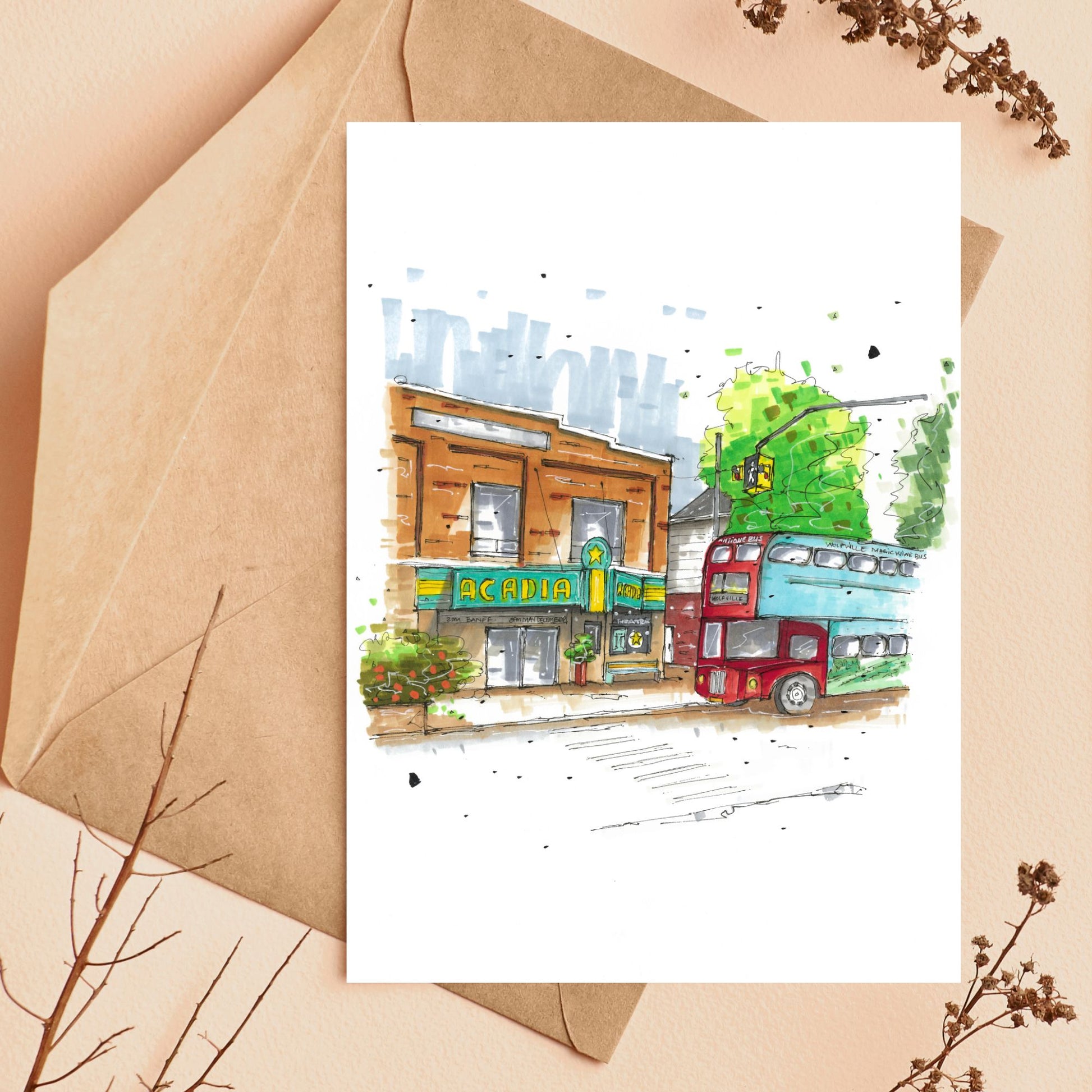 Al Whittle Theatre, Acadia Theatre & Magic Winery Bus Wolfville, Urban Sketch, Greeting Card with  Craft Envelope, Downtown Sketcher, Wynand van Niekerk