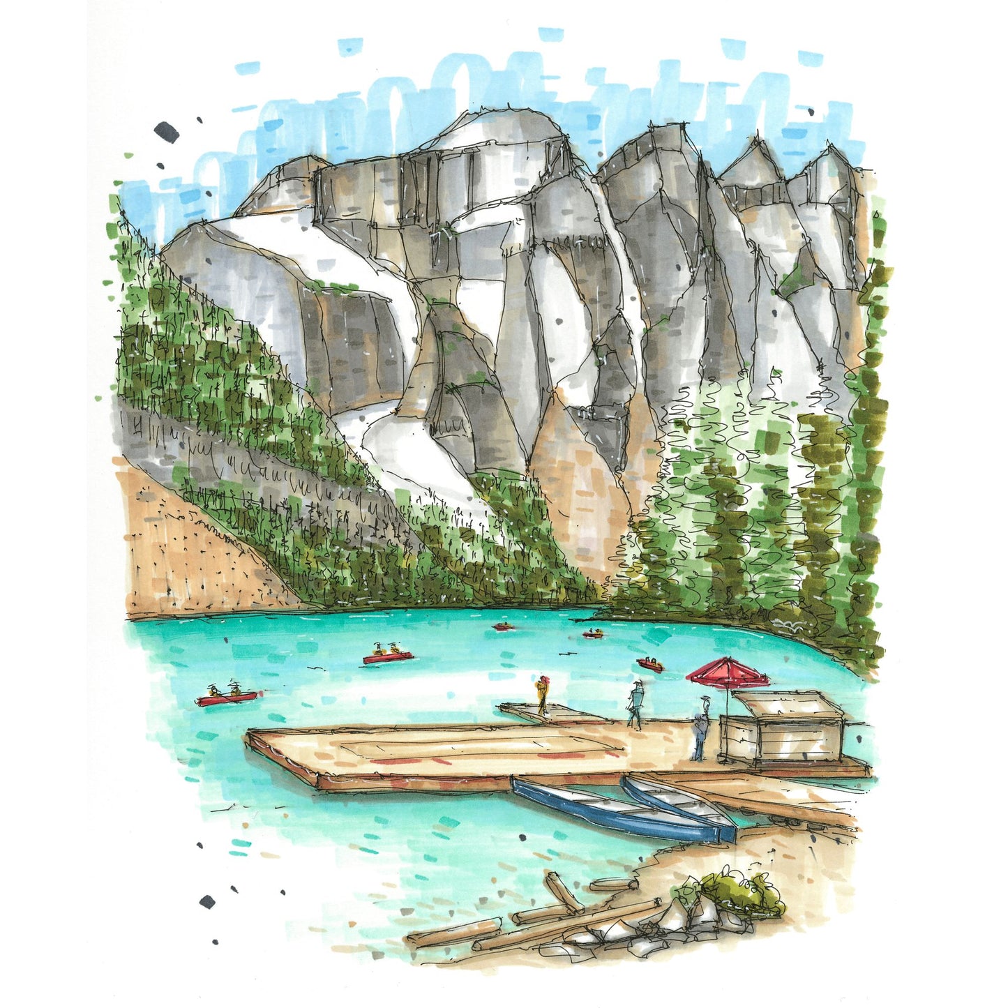 Canoe Dock, Moraine Lake Lodge, Alberta, Greeting Card - Downtown Sketcher