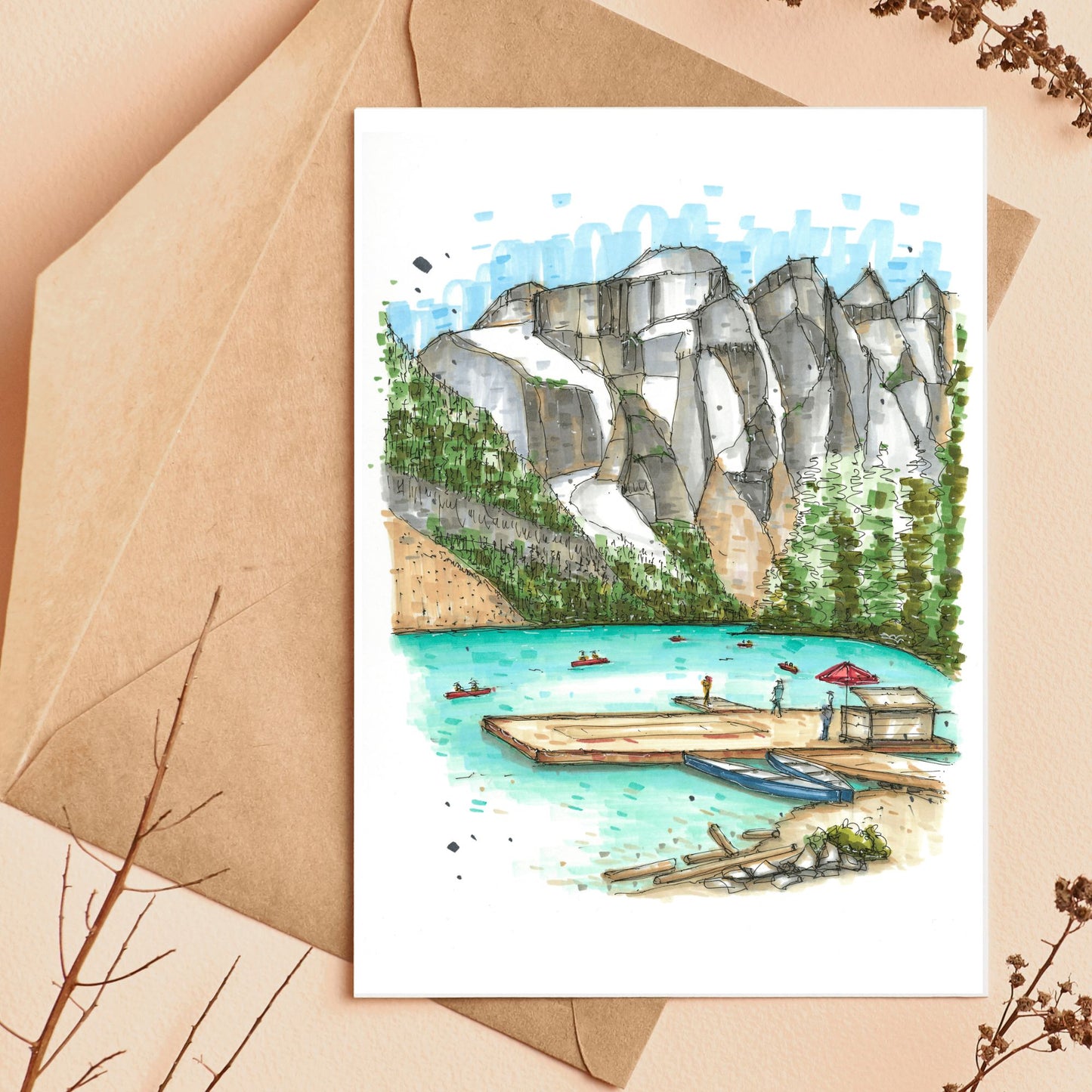 Canoe Dock, Moraine Lake Lodge, Alberta, Greeting Card - Downtown Sketcher