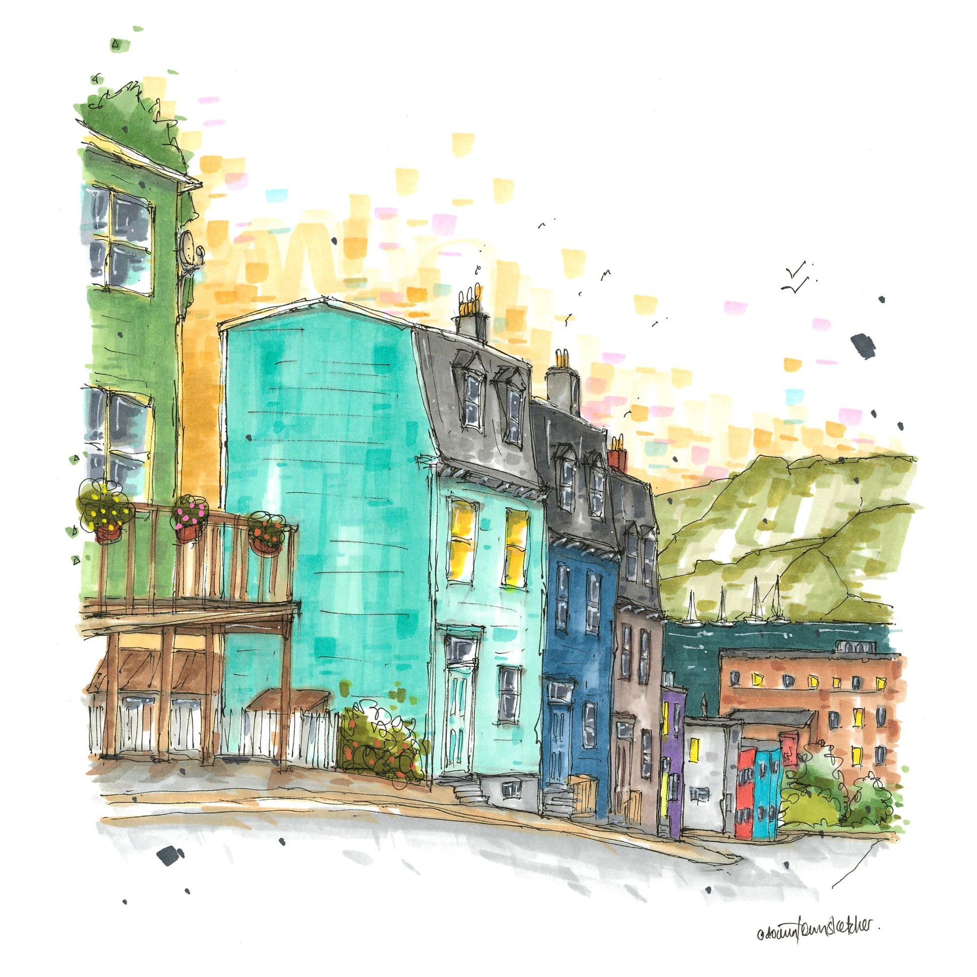 Colourful houses, Halloway street, St John's, Newfoundland, Greeting Card - Downtown Sketcher