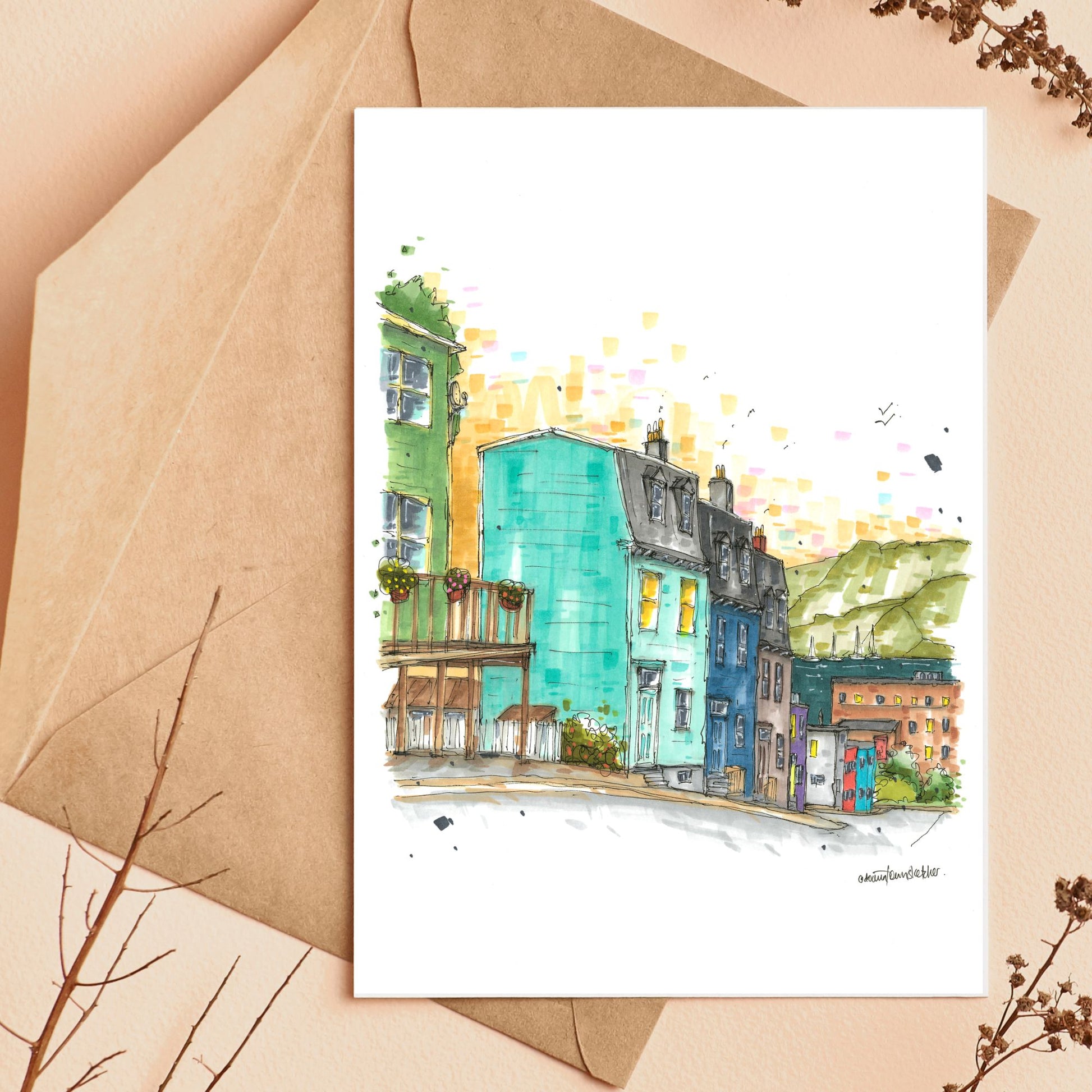 Colourful houses, Halloway street, St John's, Newfoundland, Greeting Card - Downtown Sketcher