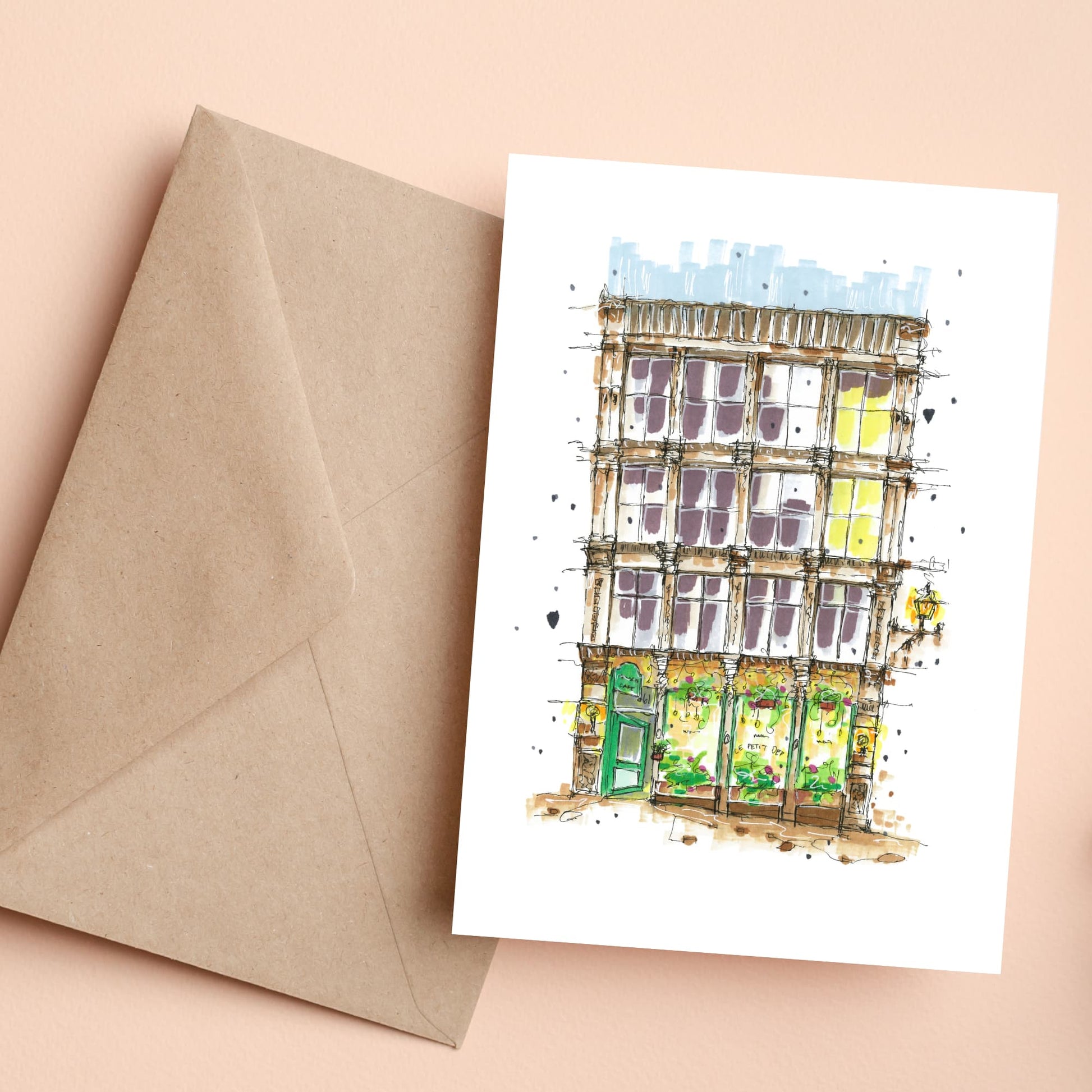 DTS0020 - Le Petit Dep - Storefront Sketch – Greeting Card with Envelope – Downtown Sketcher – Wynand van Niekerk