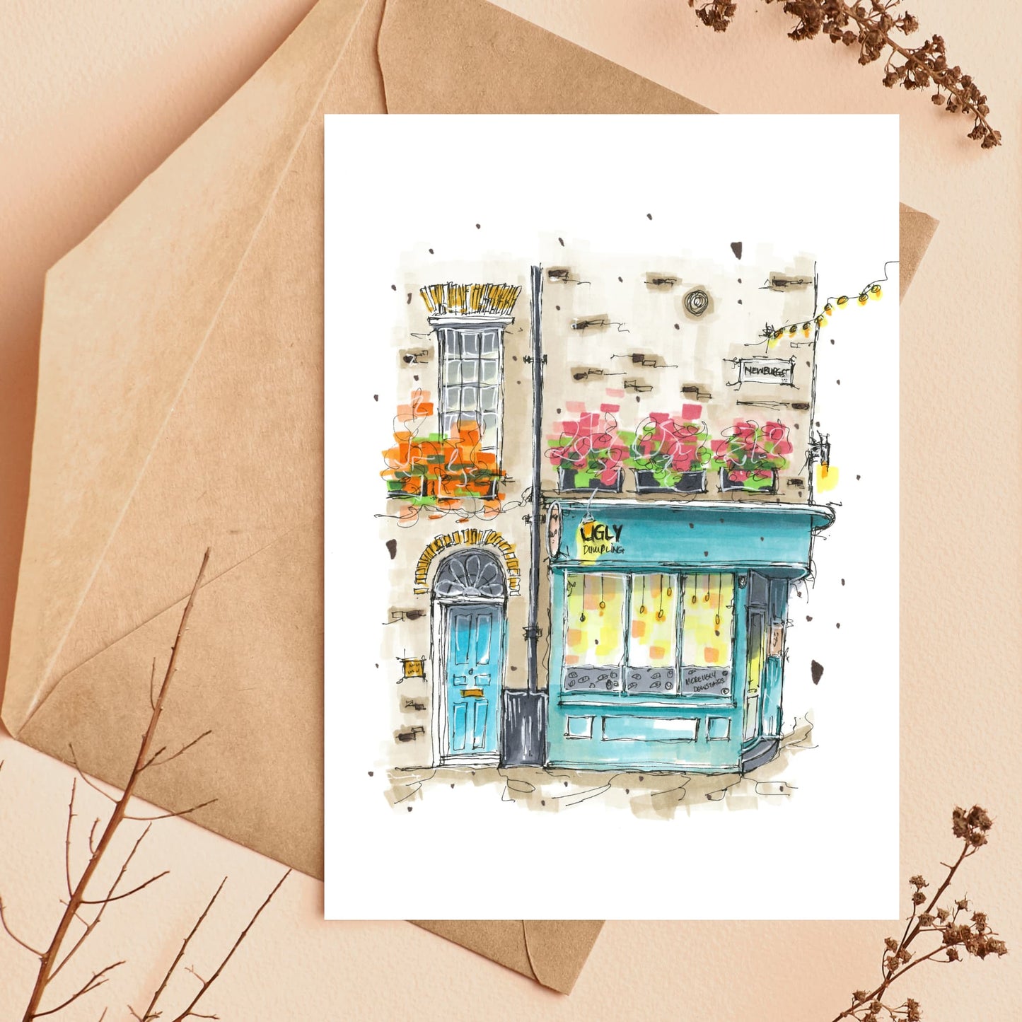 DTS0021 - Ugly Dumpling - Storefront Sketch – Greeting Card with Envelope – Downtown Sketcher – Wynand van Niekerk