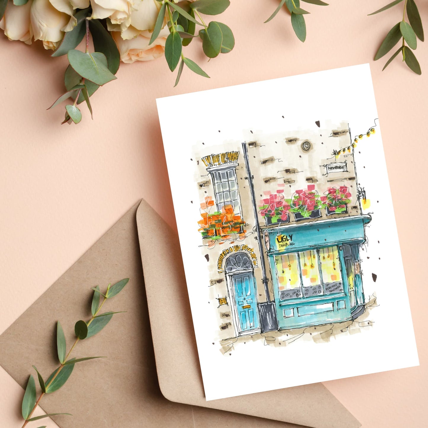 DTS0021 - Ugly Dumpling - Storefront Sketch – Greeting Card with Envelope – Downtown Sketcher – Wynand van Niekerk