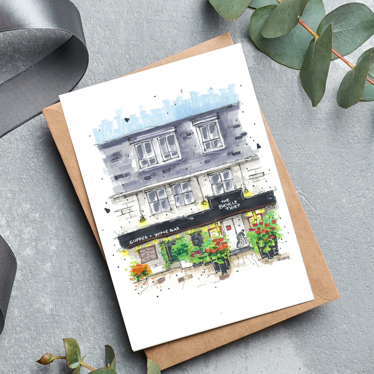 DTS0025 - The Bicycle Thief - Halifax - Storefront Sketch – Greeting Card with Envelope – Downtown Sketcher – Wynand van Niekerk