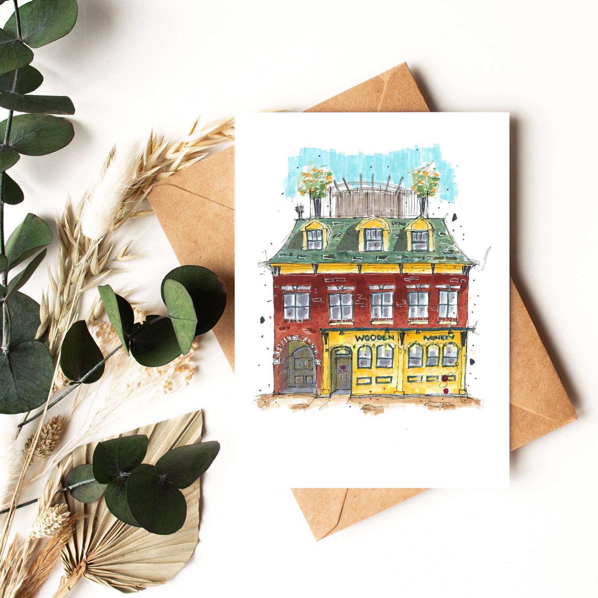DTS0029 - The Wooden Monkey - Halifax - Storefront Sketch – Greeting Card with Envelope – Downtown Sketcher – Wynand van Niekerk