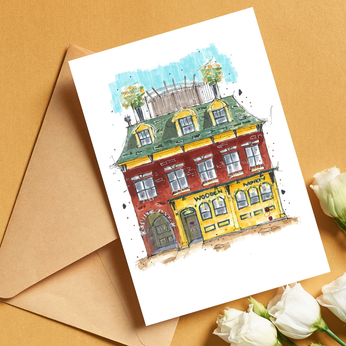 DTS0029 - The Wooden Monkey - Halifax - Storefront Sketch – Greeting Card with Envelope – Downtown Sketcher – Wynand van Niekerk