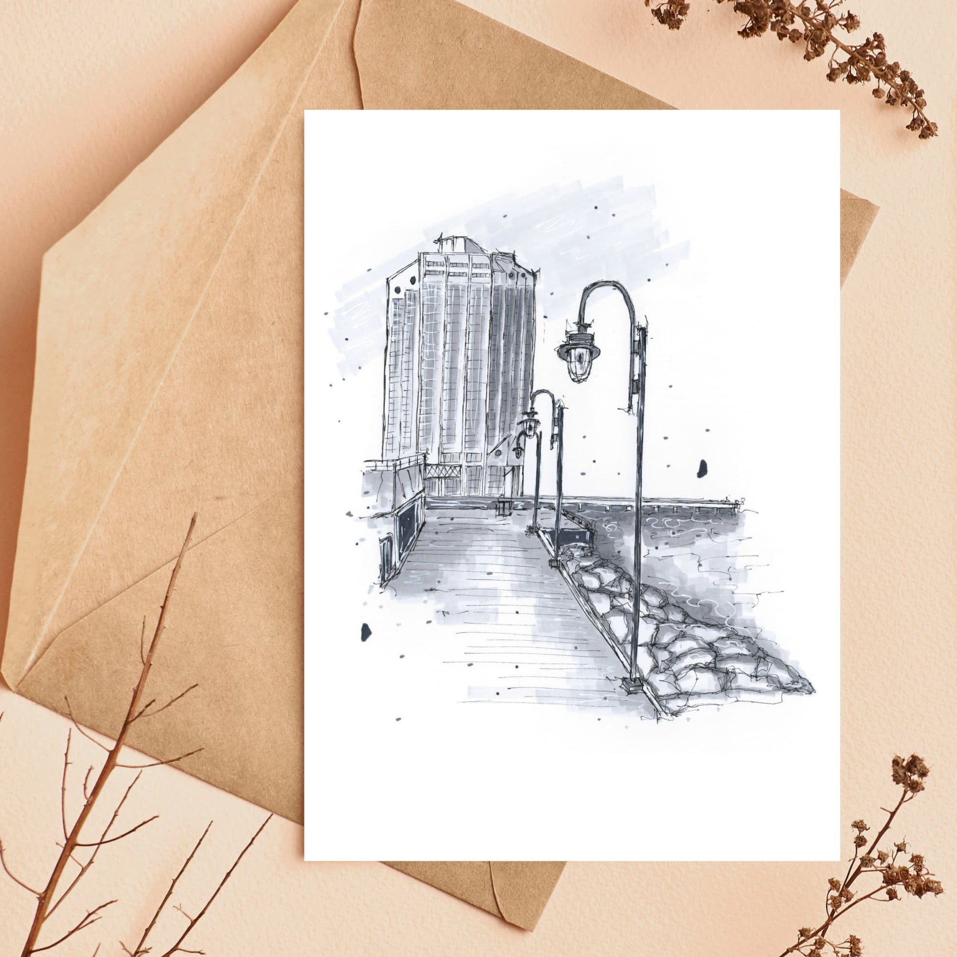 DTS0032 - Purdy's Wharf - Halifax - Storefront Sketch – Greeting Card with Envelope – Downtown Sketcher – Wynand van Niekerk