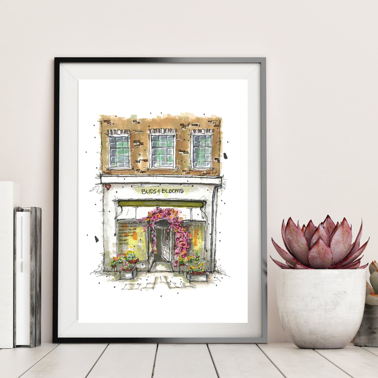 DTS0038 - Buds & Blooms, London, Storefront Print, White and Brown, Architectural Sketch, Corner Shop, Art print, Downtown Sketcher, Wynand van Niekerk 
