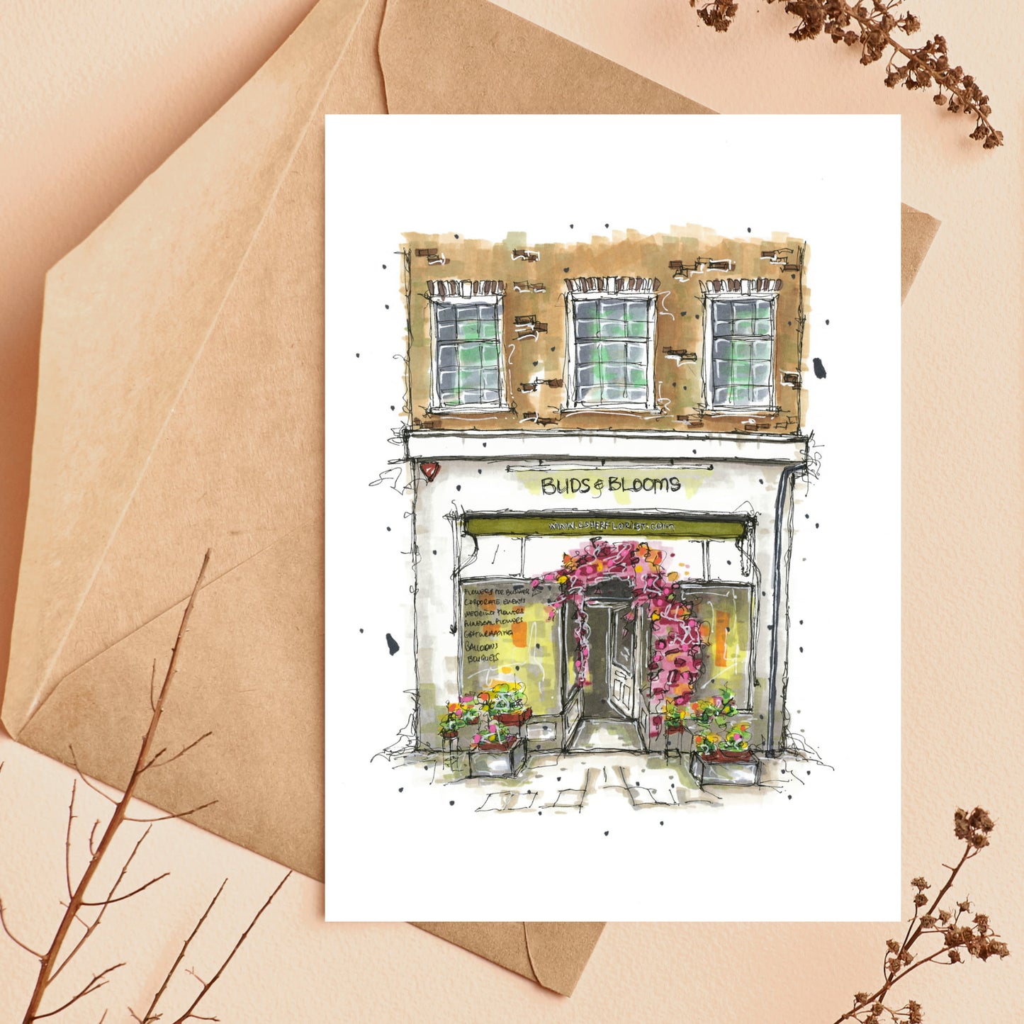 DTS0038 - Buds & Blooms, Storefront Sketch, Greeting Card with Envelope, Downtown Sketcher, Wynand van Niekerk 