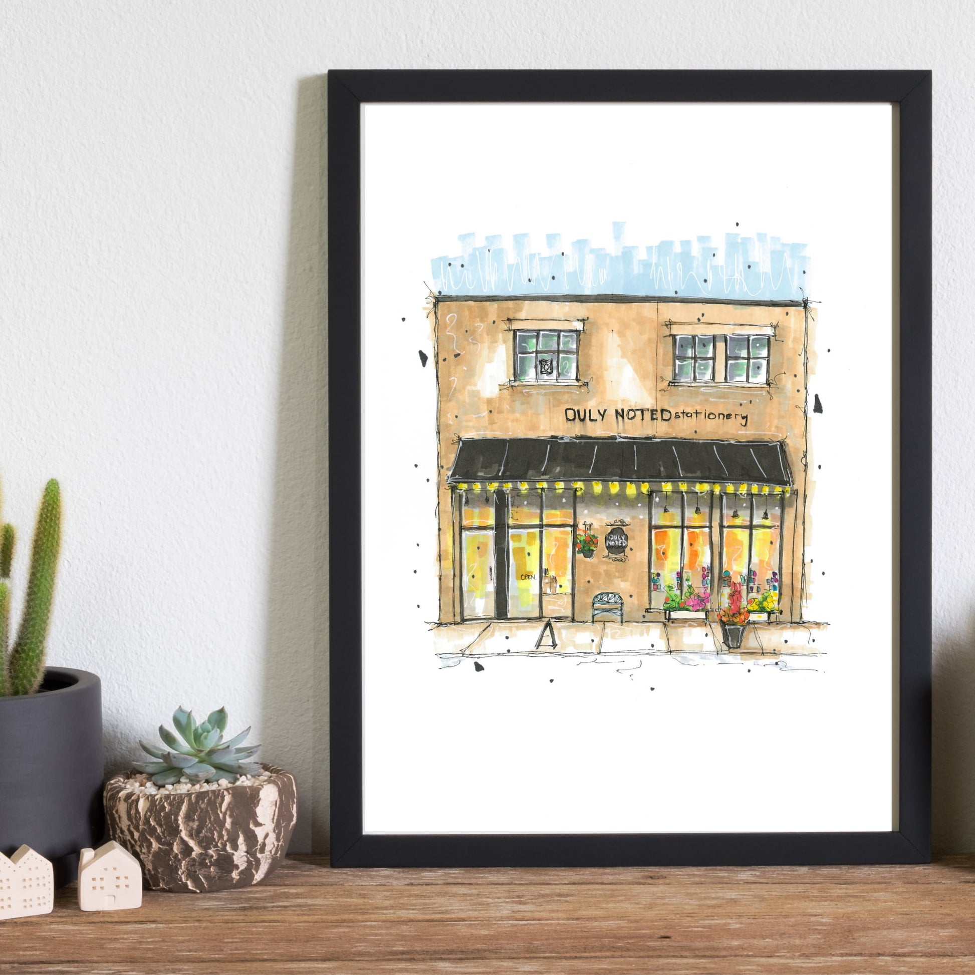 DTS0039 - Duly Noted Stationary, Halifax, Storefront Print, White and Brown, Architectural Sketch, Corner Shop, Art print, Downtown Sketcher, Wynand van Niekerk 