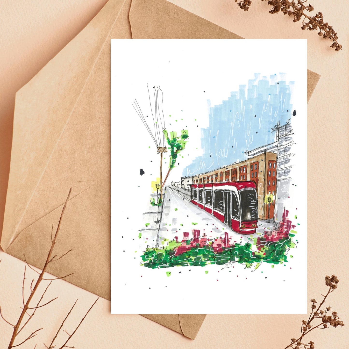 Streetcar Scene, Toronto, Ontario, Greeting Card, Downtownsketcher, Wynand van Niekerk,  DTS0042